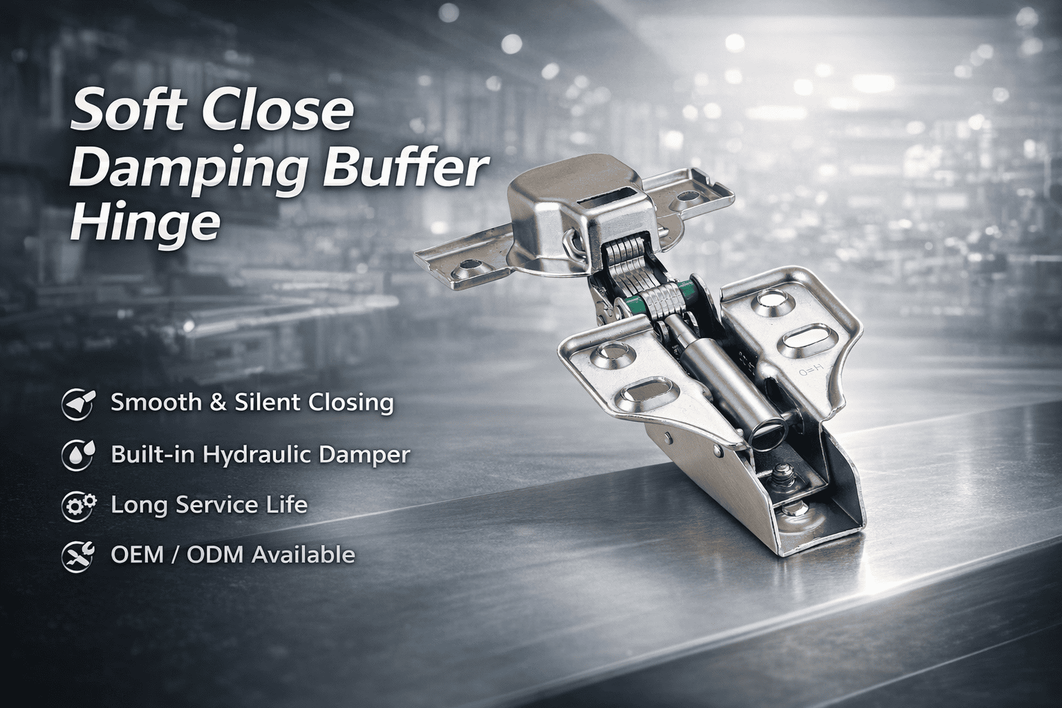 Soft Close Damping Buffer Hinge with Built-in Hydraulic Damper Soft close damping buffer hinge with built-in hydraulic damper, shown as a complete cabinet hinge for smooth and silent door closing