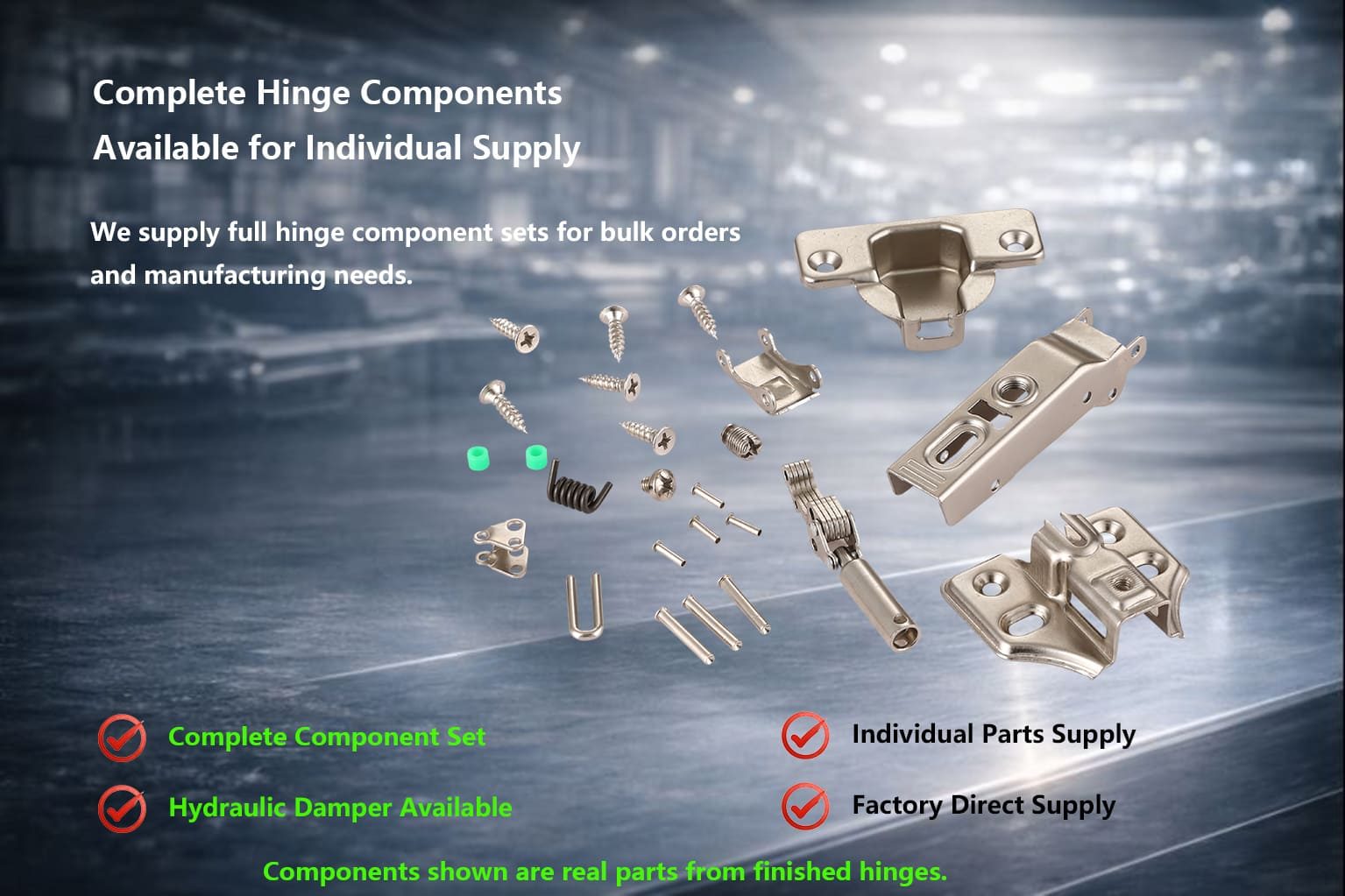 Complete Hinge Components with Individual Parts Supply Complete hinge components displayed separately, including hinge body, mounting plates, screws, springs, and hydraulic damper, available for individual parts supply