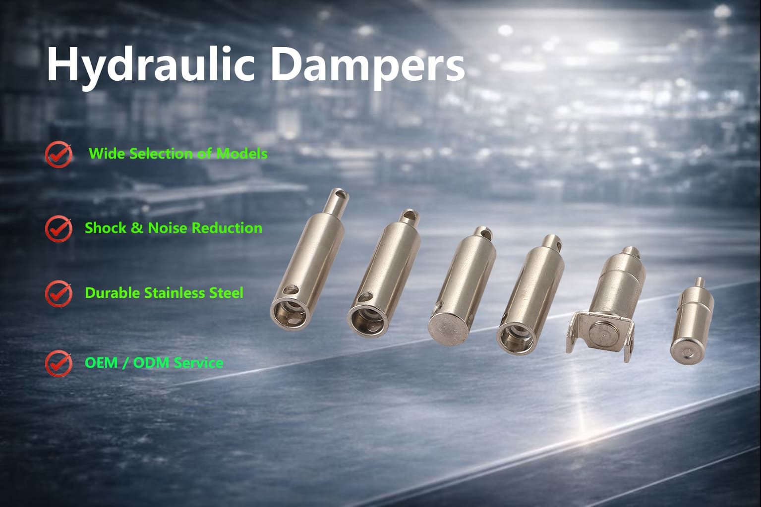 Hydraulic Dampers – Multiple Models for OEM Supply Hydraulic dampers in multiple models displayed for furniture and cabinet applications, suitable for OEM and bulk supply